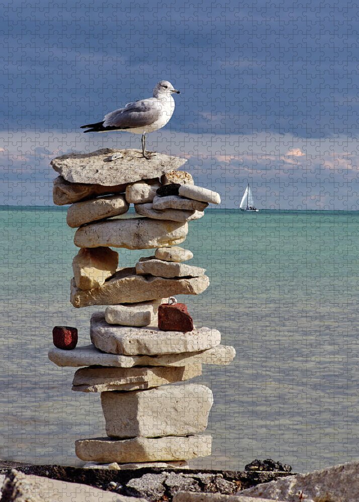 Seagull Jigsaw Puzzle featuring the photograph King of the Cairn - seagull atop cairn with sailboat at Lake Michigan shoreline at Milwaukee by Peter Herman