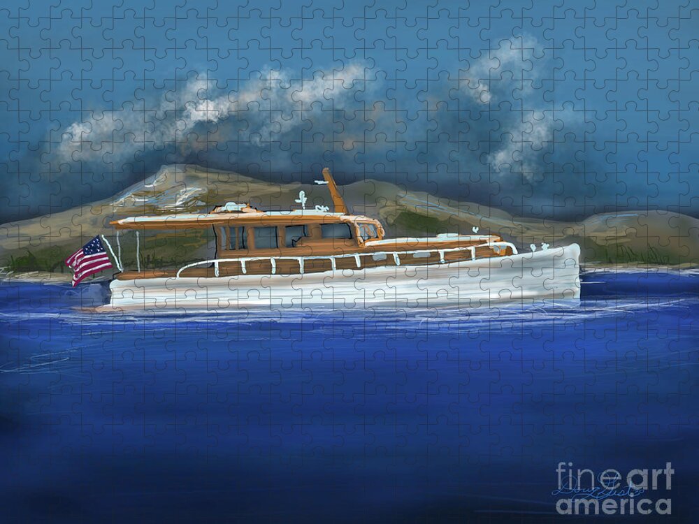 Boat Jigsaw Puzzle featuring the digital art Lake Tahoe Wood Hull Cabin Cruiser by Doug Gist