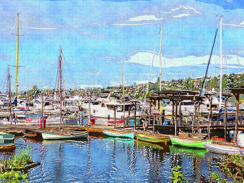 Lake Union Seattle Jigsaw Puzzle featuring the digital art Lake Union Marina by SnapHappy Photos