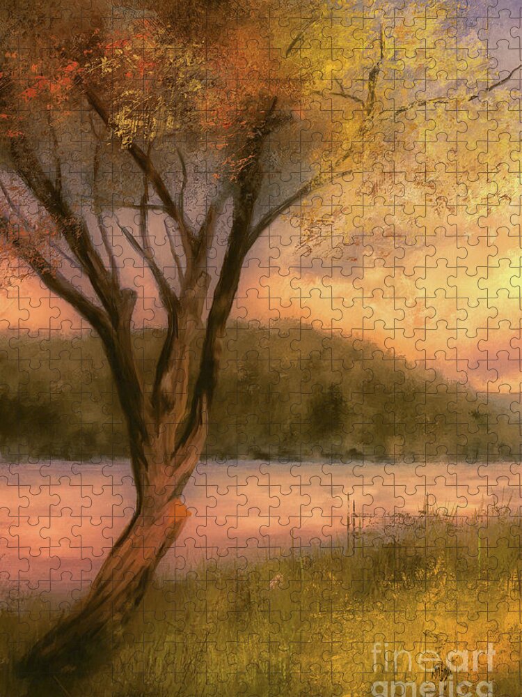 Autumn Jigsaw Puzzle featuring the digital art Lakeside by Lois Bryan