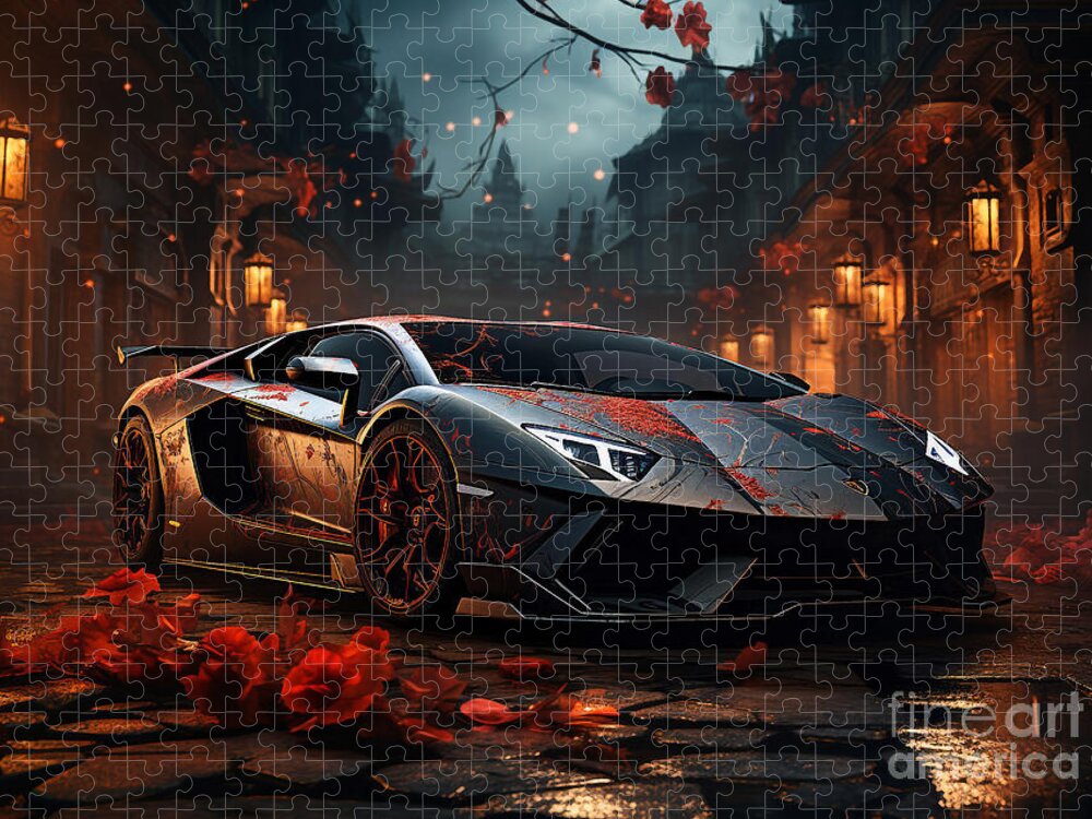 Sports Car Jigsaw Puzzle featuring the mixed media Lamborghini Aventador SVJ Roadster Xago Edition fantasy concept by Destiney Sullivan