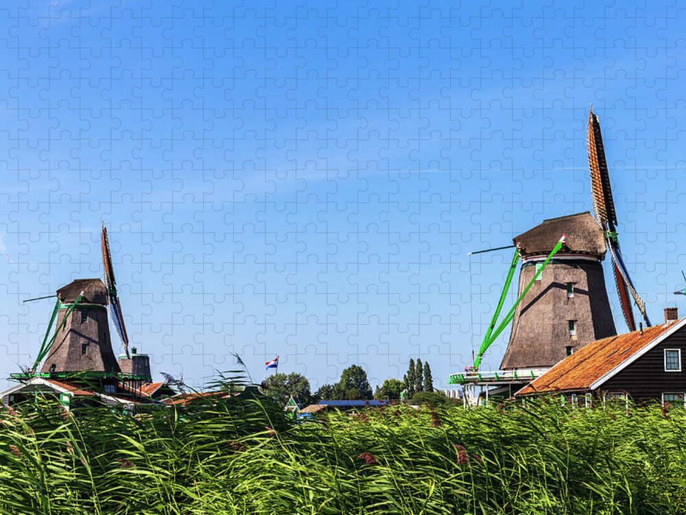 Zaanse Schans Jigsaw Puzzle featuring the photograph Landscape with windmill in Zaanse Schans by Fabiano Di Paolo