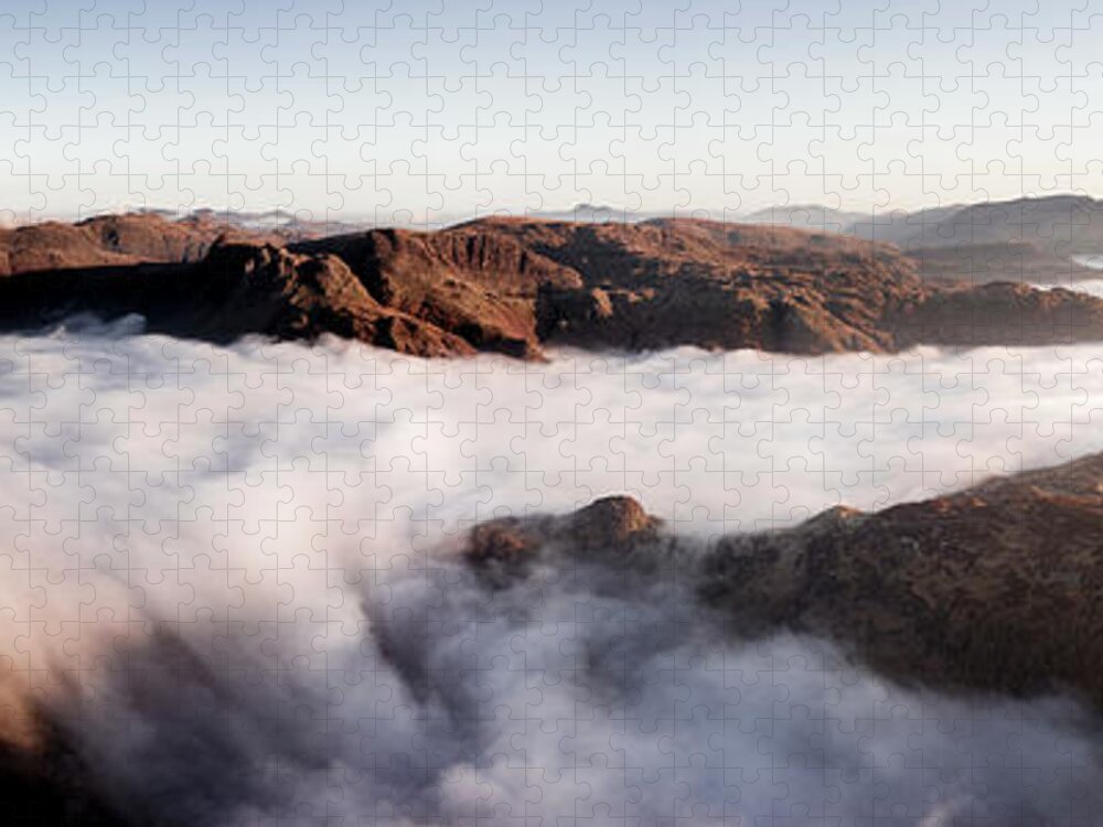 Panorama Jigsaw Puzzle featuring the photograph Langdale Valley Aerial Cloud Inversion Lake District 2 by Sonny Ryse