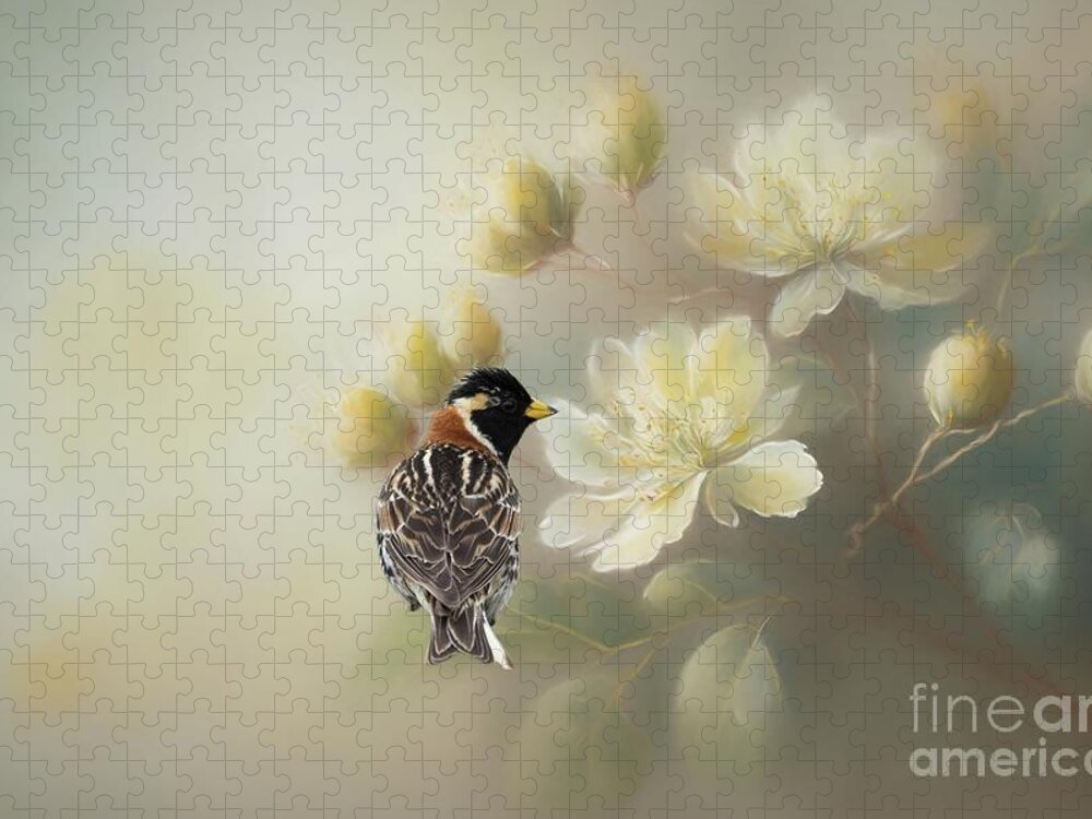 Lapland Longspur Jigsaw Puzzle featuring the photograph Lapland Bunting and Flowers by Eva Lechner