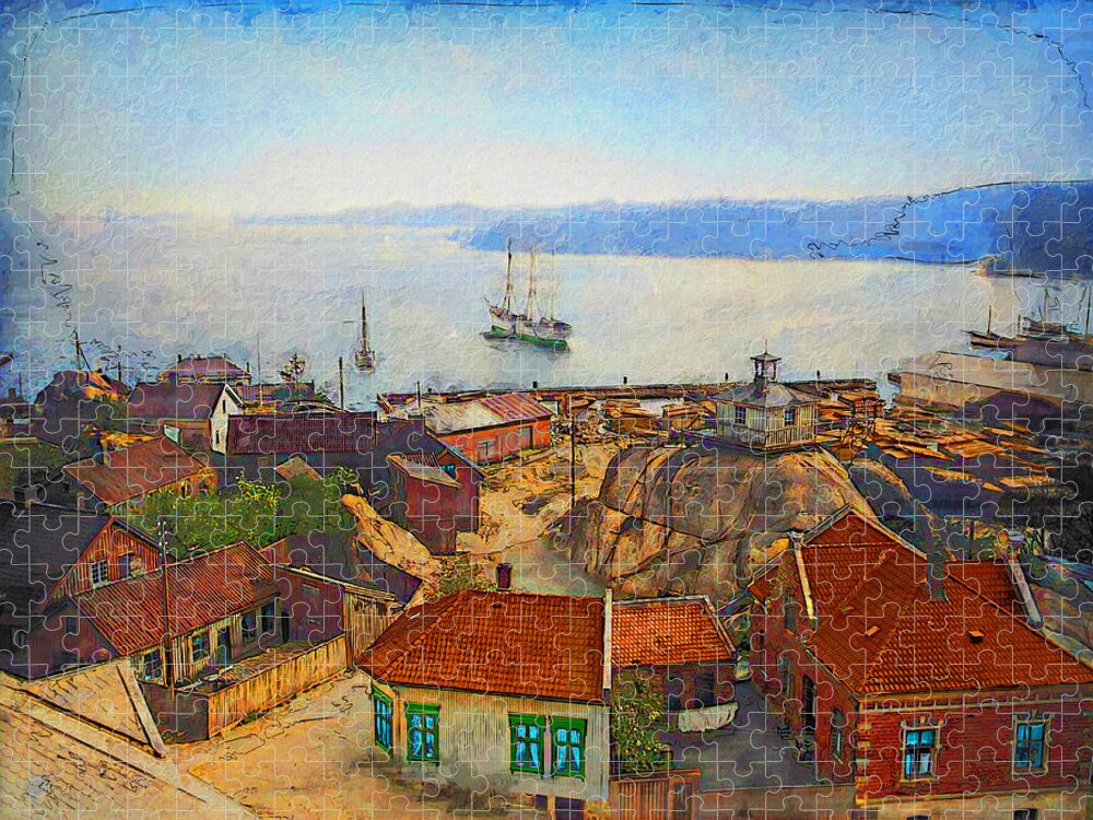 Norway Jigsaw Puzzle featuring the digital art Larvik, Norway, c. 1900 by Geir Rosset