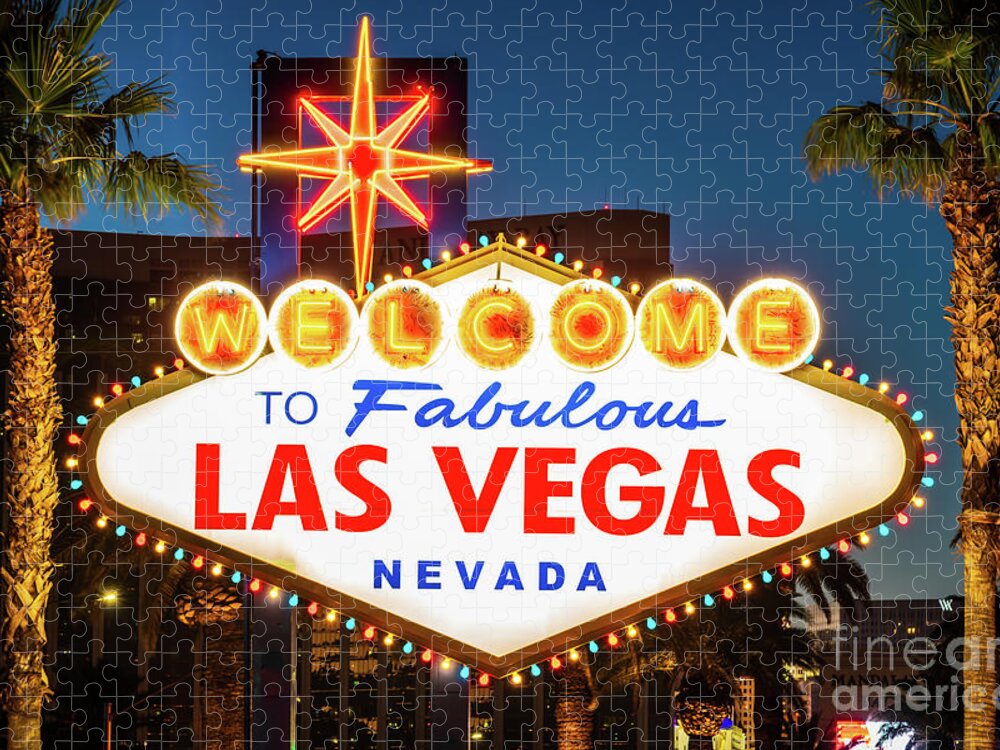 America Jigsaw Puzzle featuring the photograph Las Vegas Welcome Sign at Night Photo by Paul Velgos