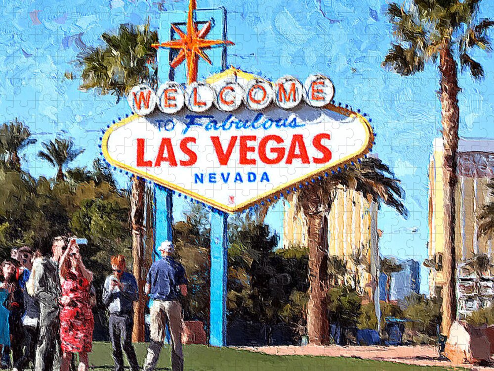 Las Vegas Welcome Sign Jigsaw Puzzle featuring the mixed media Las Vegas Welcome Sign by Tatiana Travelways