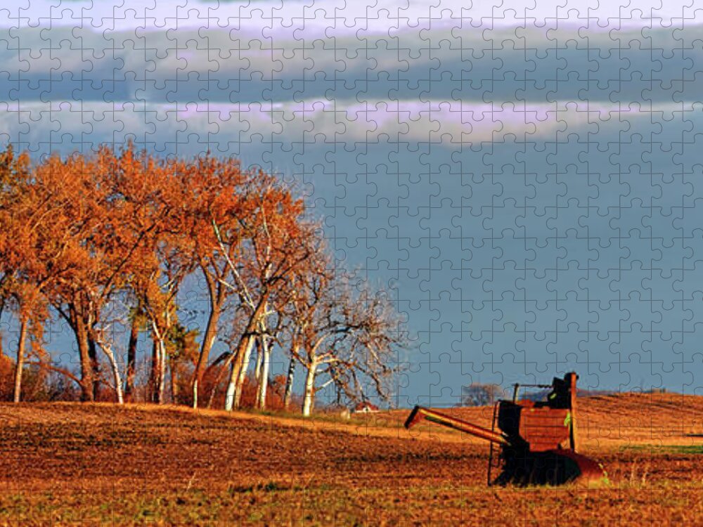 Combine Jigsaw Puzzle featuring the photograph Last Harvest Finished - abandoned combine in field with cottonwood grove by Peter Herman