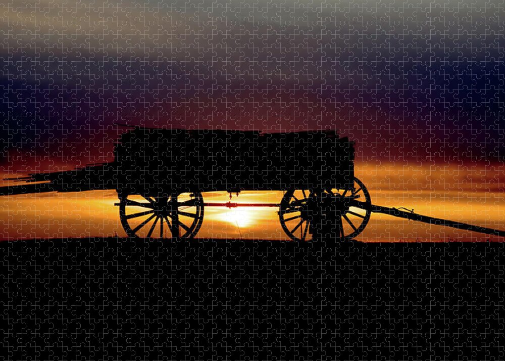 Wagon Jigsaw Puzzle featuring the photograph Last Load - wagon with load of lumber in silhouette with sunset by Peter Herman