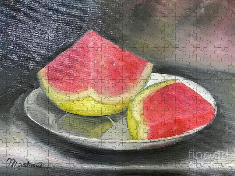Watermelon Jigsaw Puzzle featuring the painting Last Slice of Summer by Sheila Mashaw