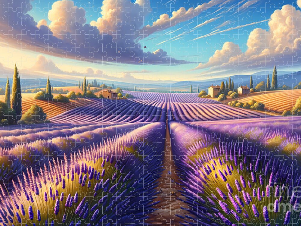 Lavender Jigsaw Puzzle featuring the digital art Lavender Fields in Provence, Endless rows of lavender in the South of France by Jeff Creation