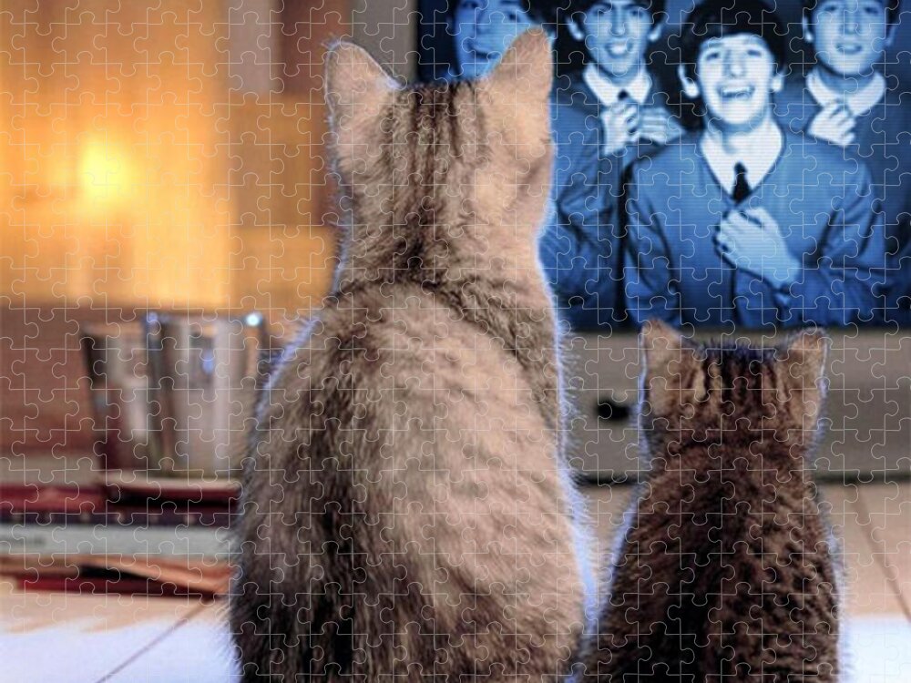 Cats Jigsaw Puzzle featuring the mixed media Lazy Cat Afternoon With The Beatles by Teresa Trotter
