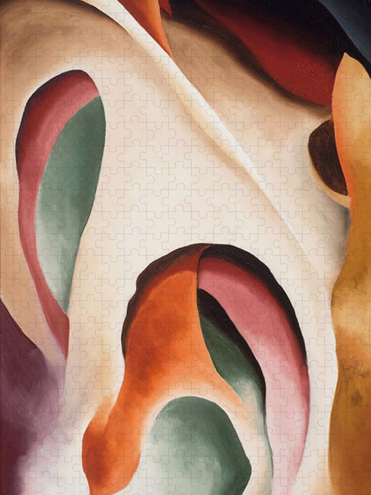 Georgia O'keeffe Jigsaw Puzzle featuring the painting Leaf motif No 2 - Colorful modernist abstract nature painting by Georgia O'Keeffe