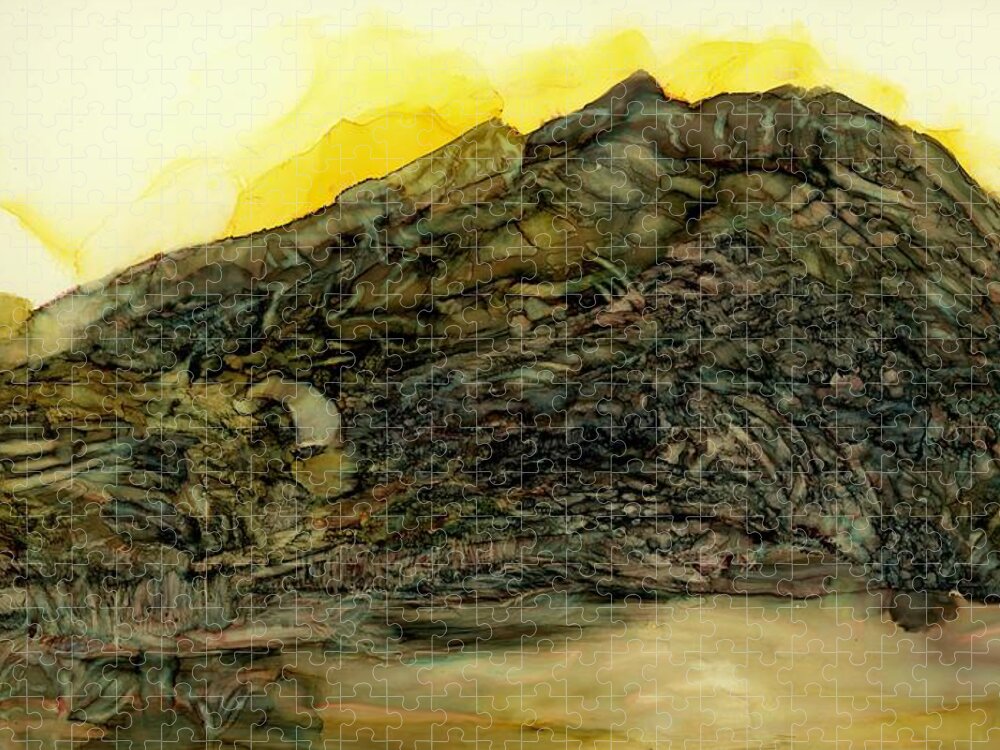Mountain Jigsaw Puzzle featuring the painting Learning patience at the tarn by Angela Marinari