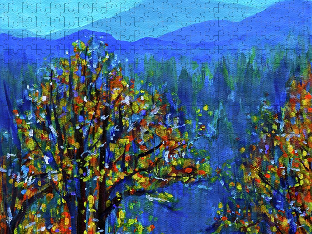 Contemporary Landscape Painting Jigsaw Puzzle featuring the painting Leaves Are Falling All Around by Tanya Filichkin