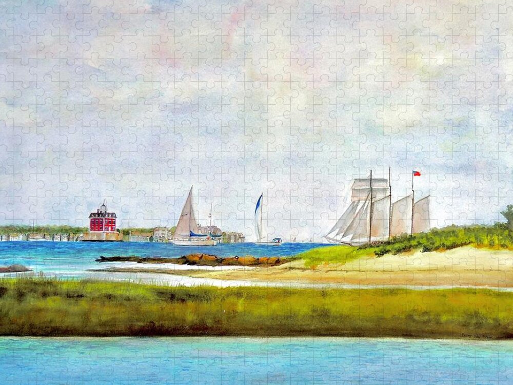 New London Ct Schooner Race Jigsaw Puzzle featuring the painting Ledge Light Lighthouse New London Waterford Beach CT by Patty Kay Hall