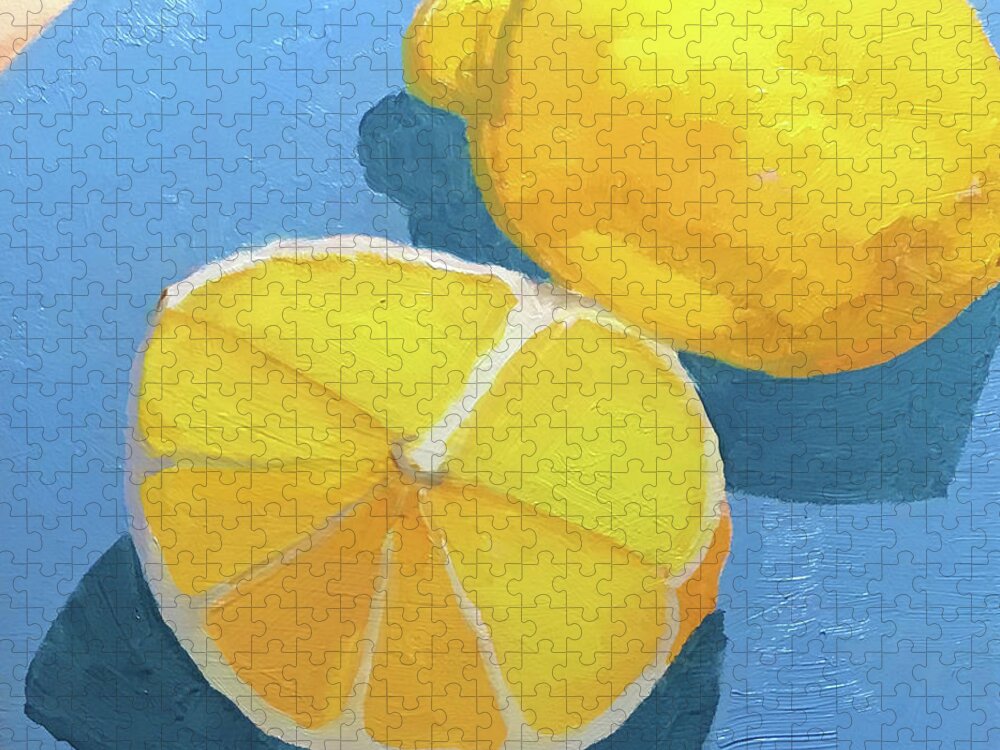Lemon Jigsaw Puzzle featuring the painting Lemons on Blue by Anne Marie Brown