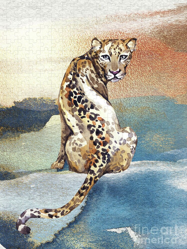 Leopard Jigsaw Puzzle featuring the painting Leopard Watercolor Animal Art Painting by Garden Of Delights
