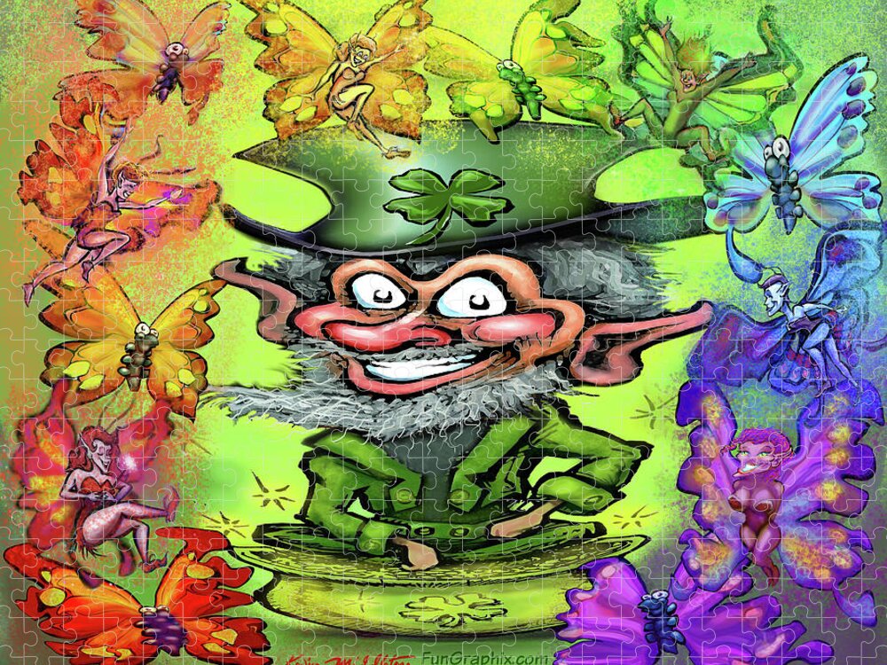 Leprechaun Jigsaw Puzzle featuring the digital art Leprechaun with Rainbow of Pixies by Kevin Middleton