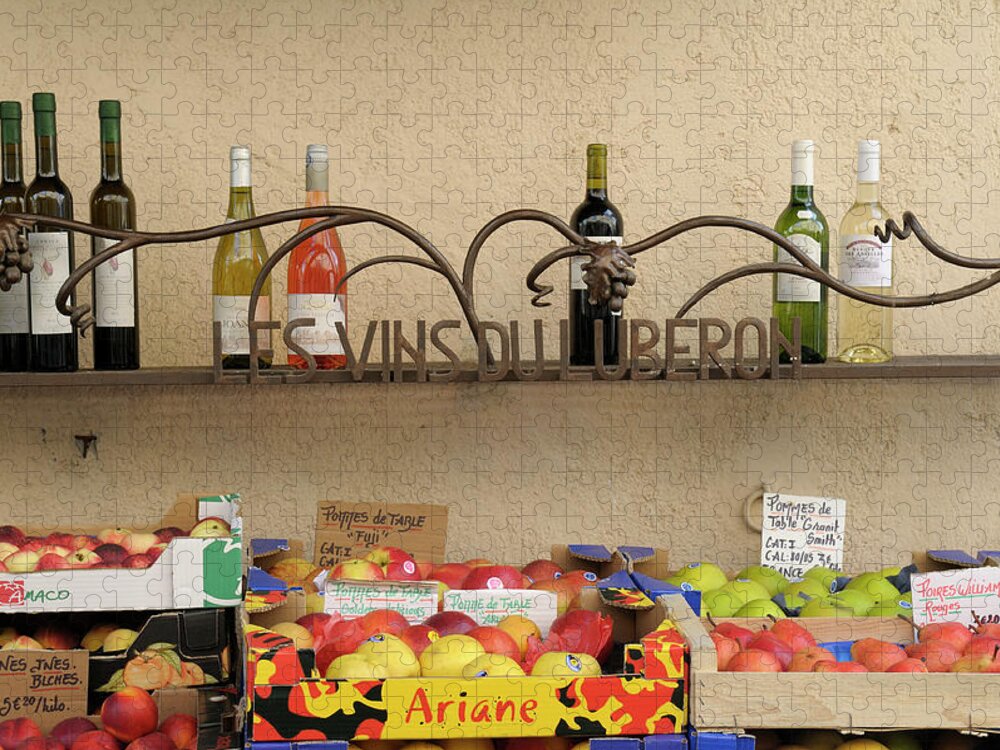 Market Jigsaw Puzzle featuring the photograph Les Vins Du Luberon store sign with wine bottles and fresh fruit, Lourmarin, France by Kevin Oke