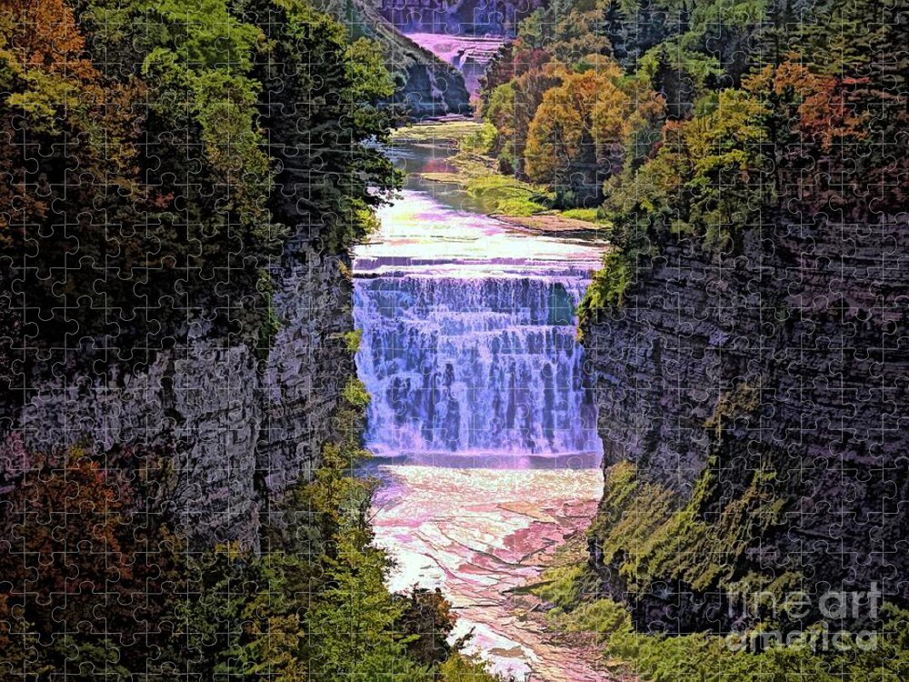 Letchworth State Park Upper And Middle Falls In Autumn Abstract Color Sketch Effect Jigsaw Puzzle featuring the photograph Letchworth State Park Upper and Middle Falls in Autumn Abstract Color Sketch Effect by Rose Santuci-Sofranko