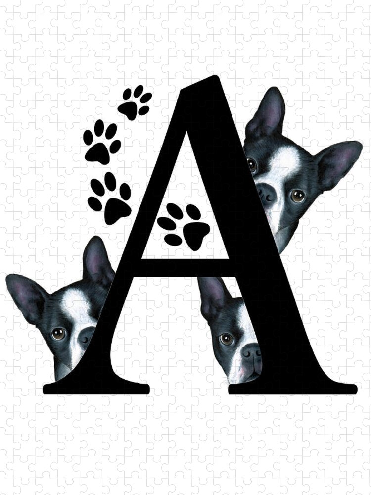 Letter A Jigsaw Puzzle featuring the mixed media Letter A Monogram with Boston Terrier Dogs by Lucie Dumas