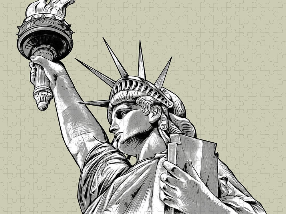 Statue Of Liberty Jigsaw Puzzle featuring the digital art Liberty Line Art by Greg Joens