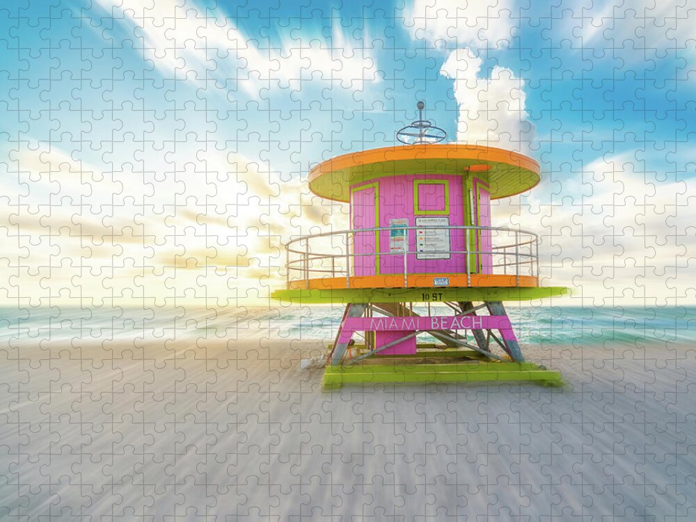 Beach Jigsaw Puzzle featuring the photograph Lifeguard hut on the beach in Miami Florida with motion blur effect by Maria Kray
