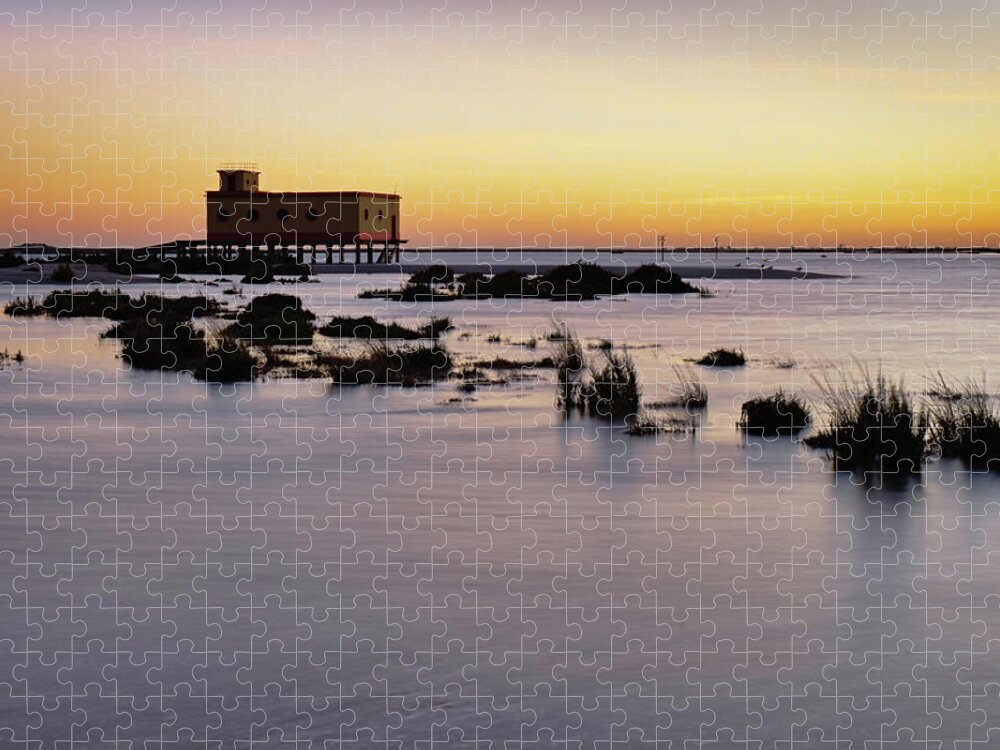 Algarve Jigsaw Puzzle featuring the photograph Lifesavers building at dusk in Fuzeta. Portugal by Angelo DeVal