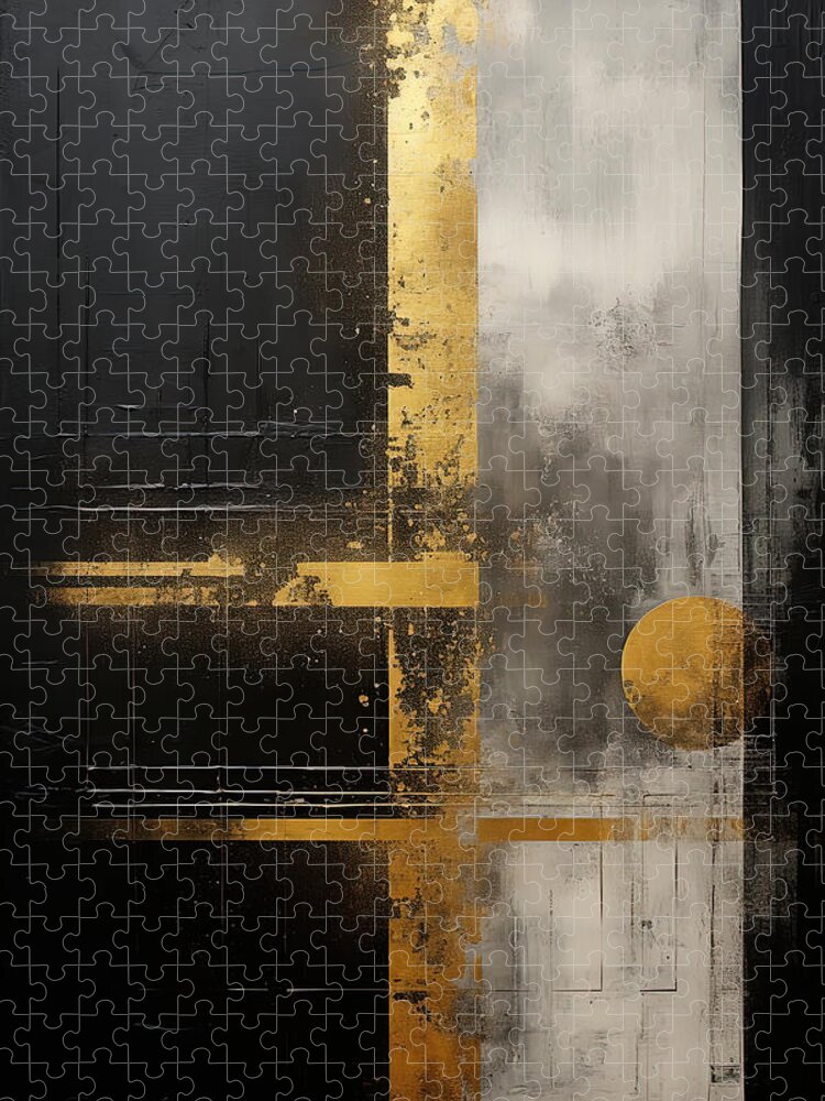 Black And Gold Art Jigsaw Puzzle featuring the painting Light and Shadow - Black and Gold Art by Lourry Legarde