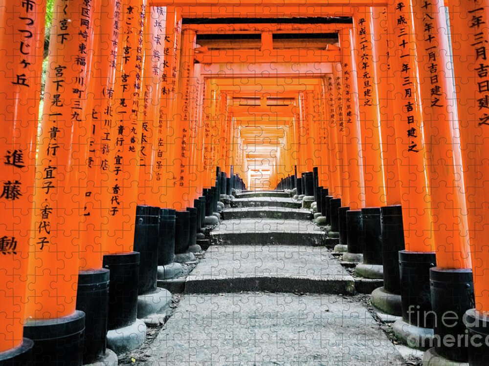 Torii Jigsaw Puzzle featuring the photograph Light at the end of the tunnel, Senbon Torii, Kyoto #2 by Lyl Dil Creations