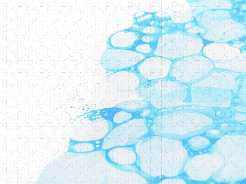 Light blue bubbles splash background ink reflected on paper texture,  illustration. Simple bubbly foam paint splash clean creative fresh bath  abstract dreamy cold backdrop, blue and white, copy space Jigsaw Puzzle by