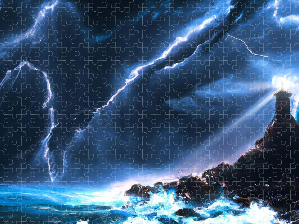 Digital Ocean Water Storm Lighthouse Lightning Waves Jigsaw Puzzle featuring the digital art Light in the Storm by Beverly Read
