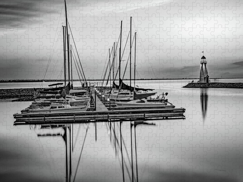 Oklahoma City Jigsaw Puzzle featuring the photograph Lighthouse at East Wharf and Sailboats 1x1 - Oklahoma City Monochrome by Gregory Ballos