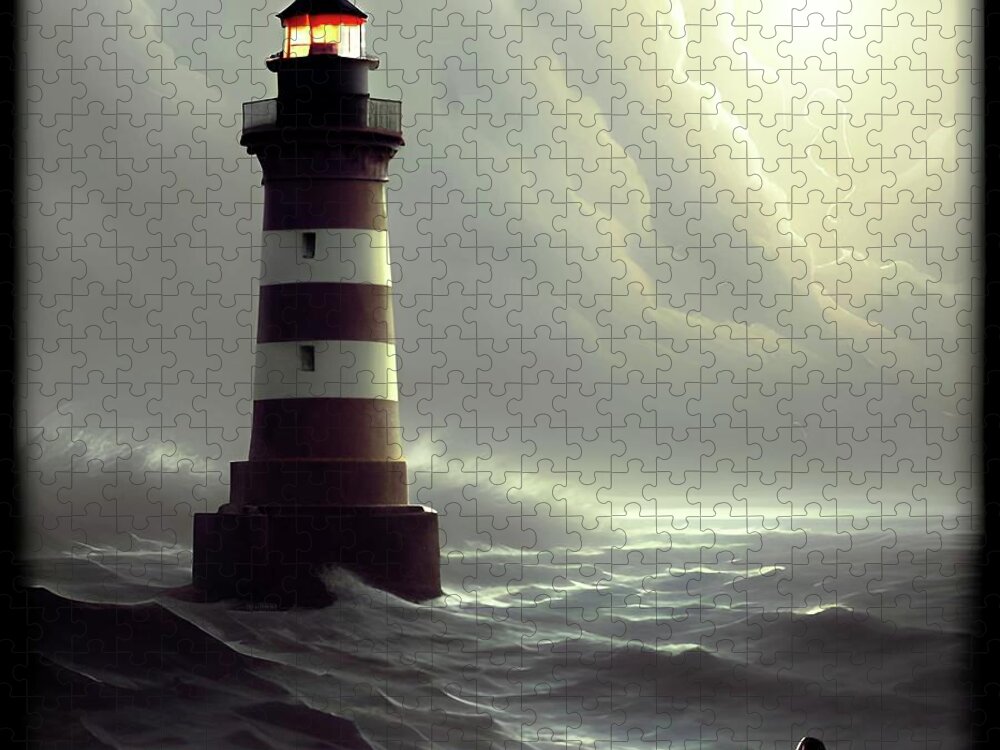 Lighthouse Jigsaw Puzzle featuring the digital art Lighthouse No.33 by Fred Larucci