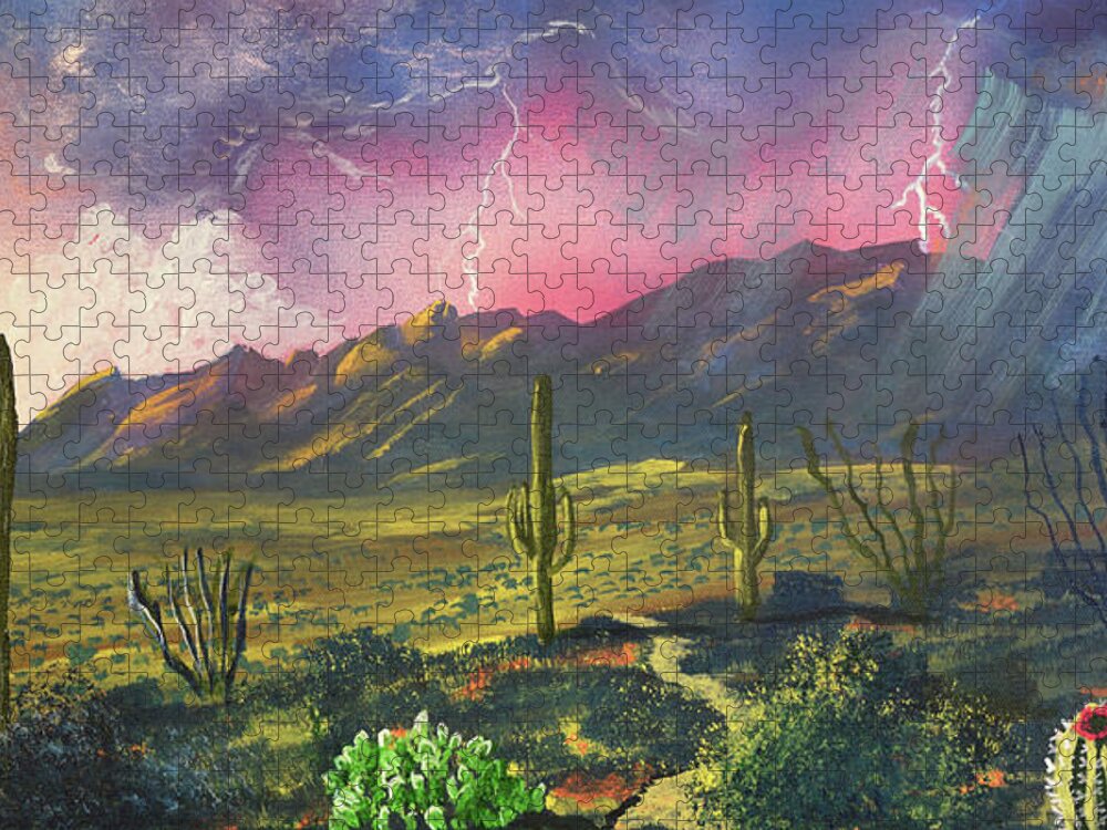 Tucson Jigsaw Puzzle featuring the painting Lighting Strikes the Catalina Mountains, Tucson by Chance Kafka