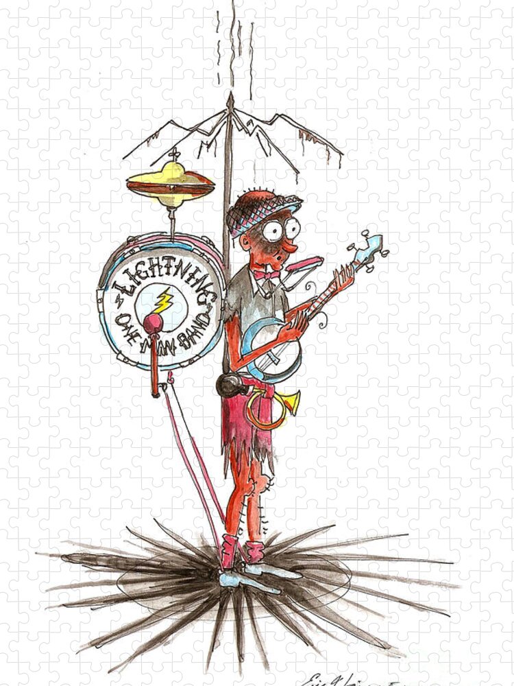 One Man Band Jigsaw Puzzle featuring the drawing Lightning One Man Band by Eric Haines