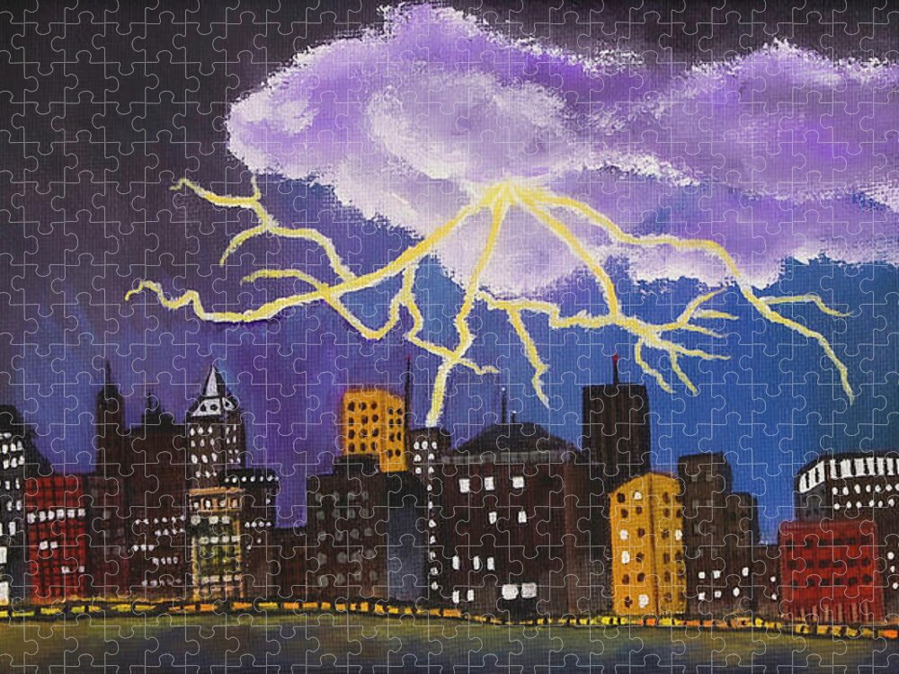 Lightning Jigsaw Puzzle featuring the painting City Lightning by Shirley Dutchkowski