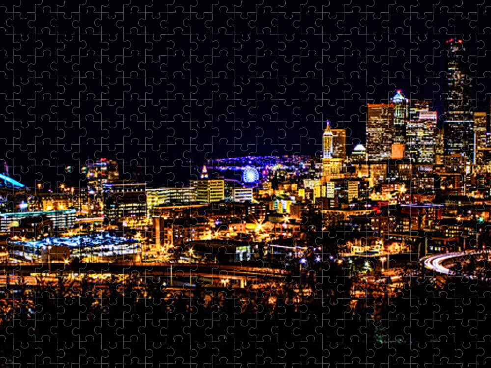 City Jigsaw Puzzle featuring the photograph Lights of Seattle Pano by Rod Best
