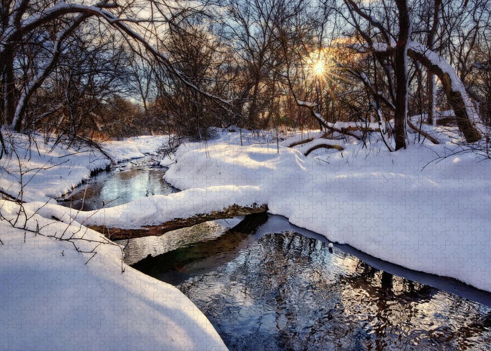 Snowscape Jigsaw Puzzle featuring the photograph Like a Bridge over Troubled Waters - fresh WI snowscape with trout creek and log bridge by Peter Herman