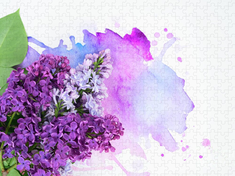 Lilac Jigsaw Puzzle featuring the photograph Lilac flowers on watercolor by Anastasy Yarmolovich