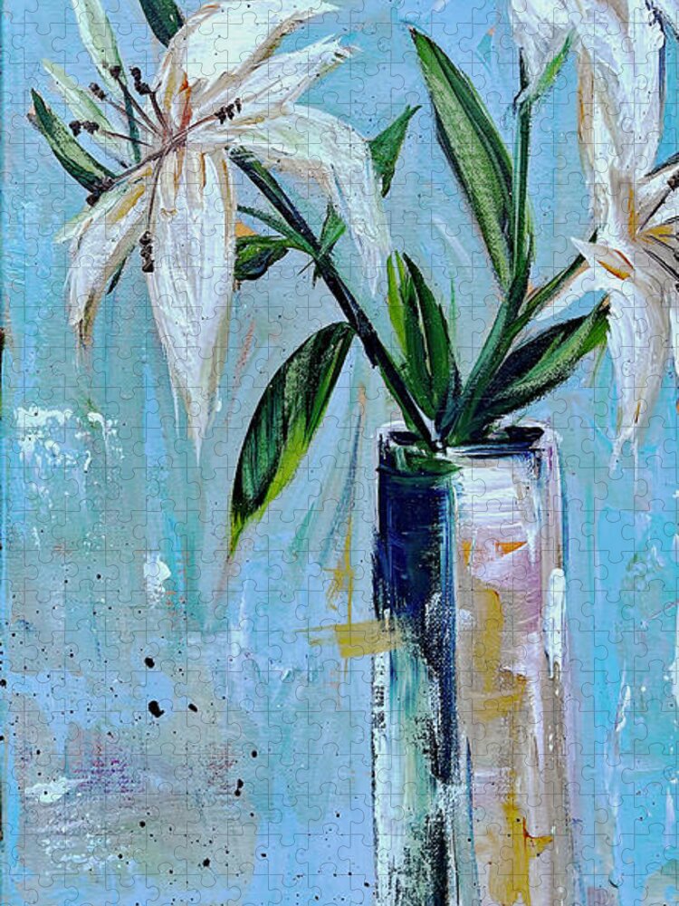 Lilies Jigsaw Puzzle featuring the painting Lilies in a Vase by Roxy Rich