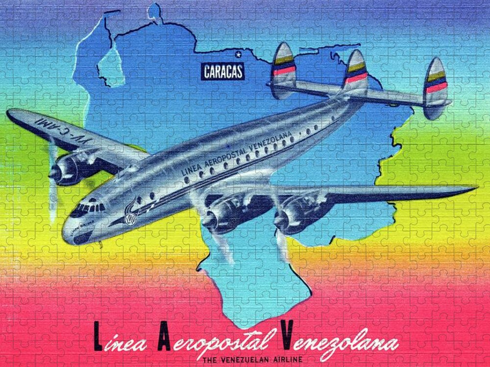 Plane Jigsaw Puzzle featuring the drawing Linea Aeropostal Venezolana, The Venezuelan Airline by Vintage Posters