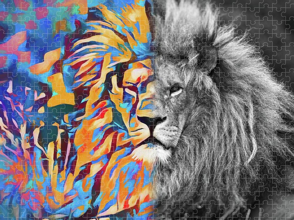 Animals Jigsaw Puzzle featuring the photograph Lion Abstract Art - Colour Monochrome by Philip Preston