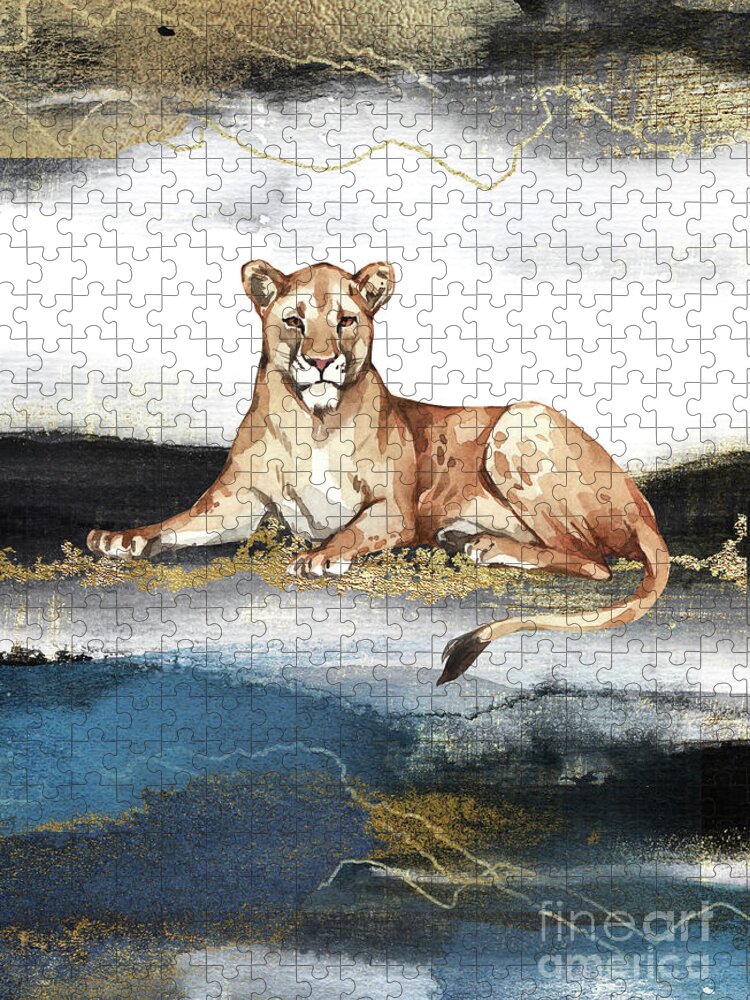 Lioness Jigsaw Puzzle featuring the painting Lioness Watercolor Animal Art Painting by Garden Of Delights