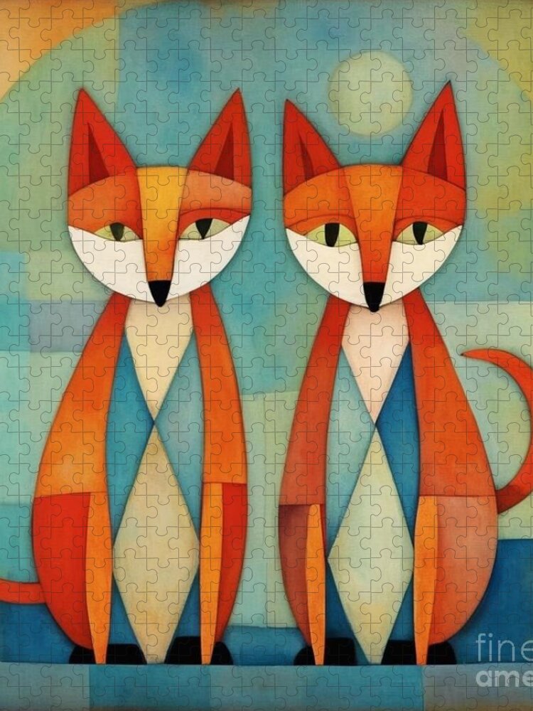 Fox Jigsaw Puzzle featuring the mixed media Little adorable two foxes - portrait in geometric retro style. by Anita Sara Samuel