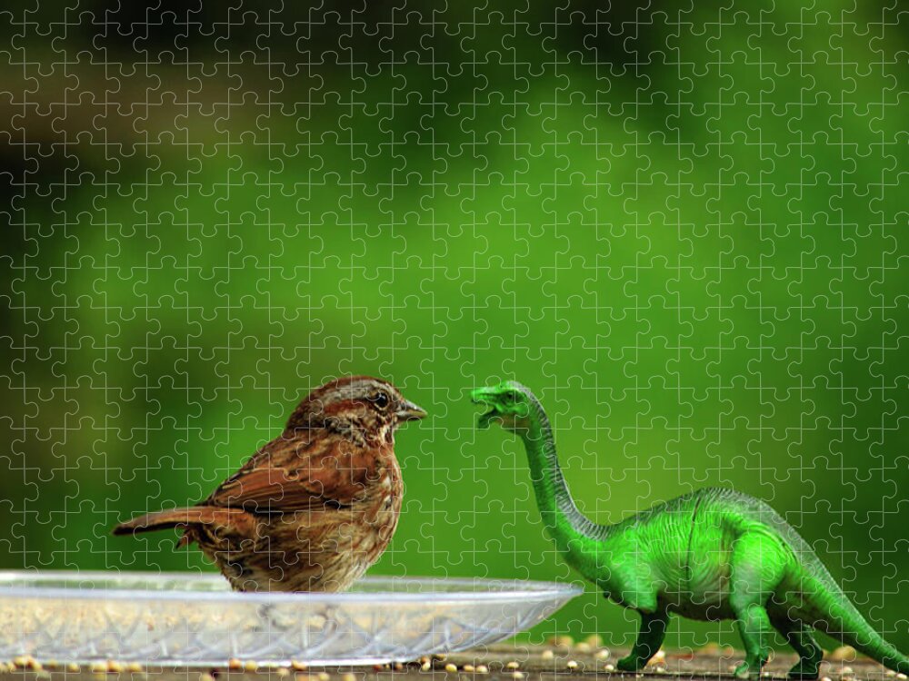 Songbird Jigsaw Puzzle featuring the photograph Little Bird Meets Dino by Tikvah's Hope