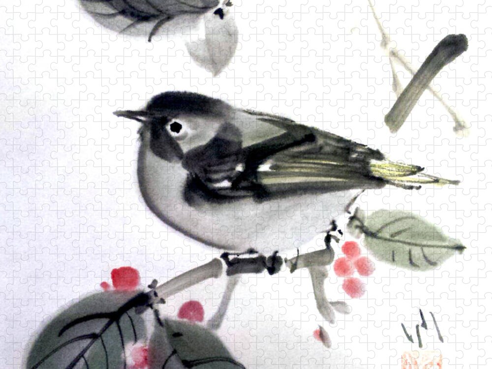 Japanese Jigsaw Puzzle featuring the painting Little Bird Visiting Your Yard by Fumiyo Yoshikawa
