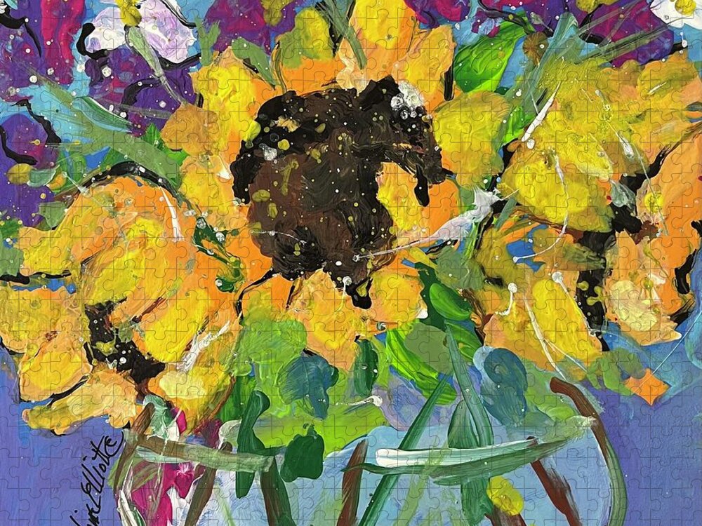 Sunflowers Jigsaw Puzzle featuring the painting Little bowl of Sunshine by Elaine Elliott