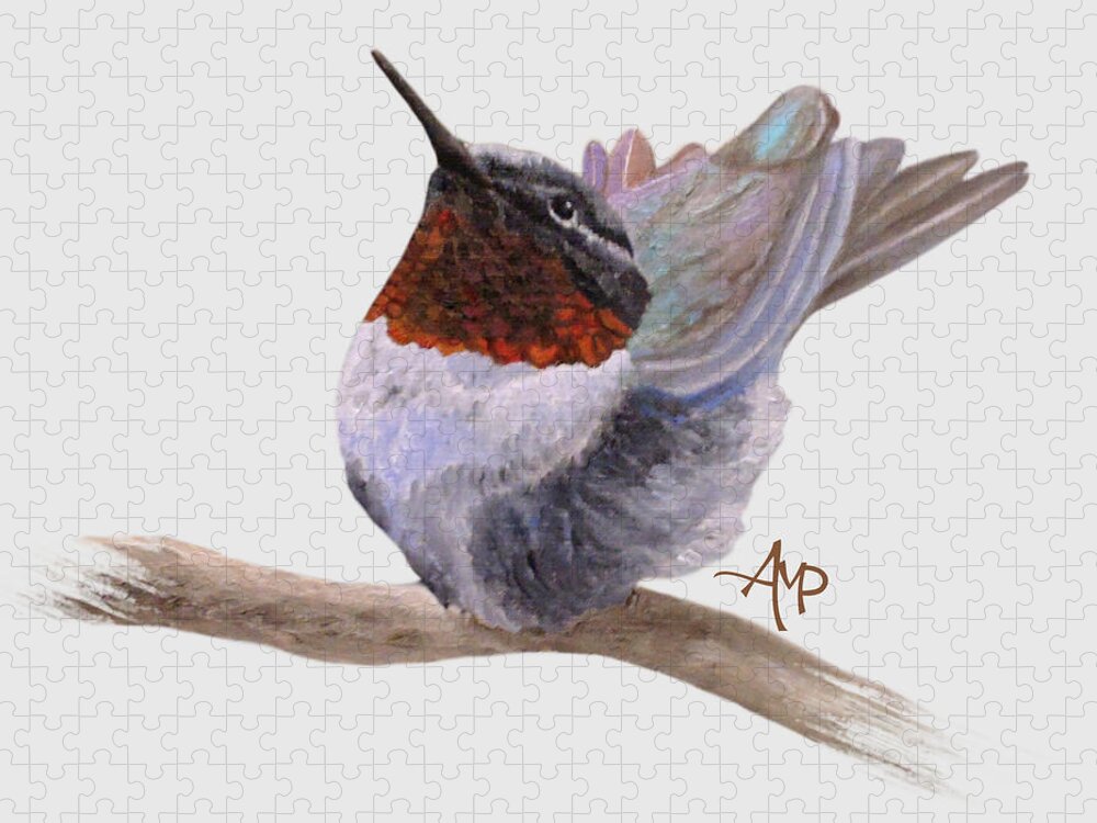 Ruby-throated Hummingbird Jigsaw Puzzle featuring the painting Little Dancing Hummer by Angeles M Pomata